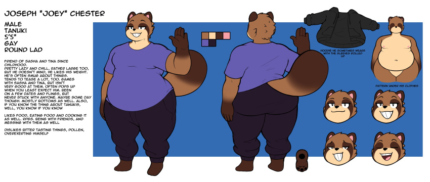 anthro barefoot belly_overhang big_butt brown_body brown_fur butt canid canine clothing digitalpelican featureless_crotch feet fluffy fluffy_tail fur gesture hi_res jacket joey_(digitalpelican) lidded_eyes male mammal model_sheet moobs navel overweight overweight_anthro overweight_male pawpads purple_clothing purple_shirt purple_topwear raccoon_dog raised_arm shirt smug smug_face smug_grin solo stated_homosexuality stated_sexuality tanuki toothy_grin topwear waving wide_hips