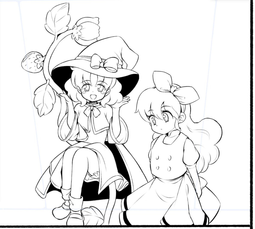 1980s_(style) 2girls bad_id bad_twitter_id bangs bow cape capelet commentary_request curly_hair ellen_(touhou) flower greyscale hair_bow hat hat_bow kirisame_marisa kirisame_marisa_(pc-98) long_hair long_sleeves mary_janes monochrome multiple_girls plant puffy_short_sleeves puffy_sleeves retro_artstyle shirt shoes short_sleeves sitting skirt socks takemoto_izumi_(style) touhou touhou_(pc-98) very_long_hair vest wide_sleeves witch witch_hat yatyou