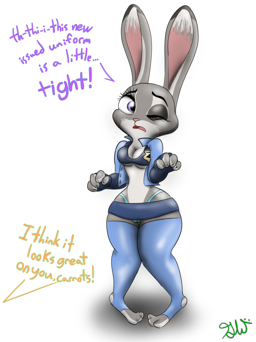 2018 3_toes 4_fingers anthro breasts camel_toe clothing dialogue disney english_text feet female fingers gloryworm hi_res judy_hopps lagomorph legwear leporid mammal one_eye_closed open_mouth pink_nose police_badge purple_eyes rabbit solo standing text thong toes underwear zootopia