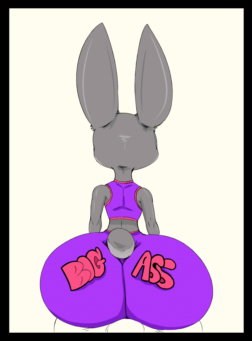 absurd_res anthro big_butt bottomwear bra butt clothing disney english_text female grey_body hi_res huge_butt judy_hopps lagomorph leporid mammal neom-daddy rabbit rear_view shorts solo sports_bra text text_on_bottomwear text_on_clothing text_on_shorts underwear zootopia