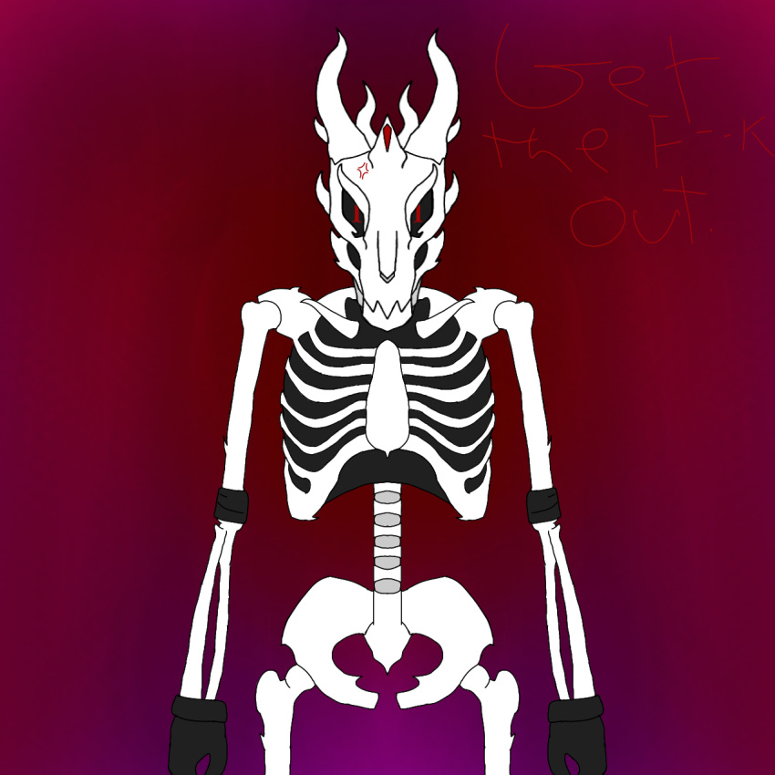 anthro bone c7s clothing demon dragon_skull floating_head gloves handwear hi_res humanoid looking_at_viewer male not_furry nude simple_background skeleton solo wrappings