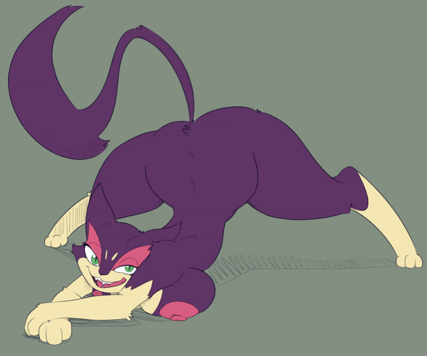 anthro ass_up big_breasts big_butt breast_squish breasts butt felid feline female flexible fur green_eyes imric1251 jack-o'_pose looking_at_viewer mammal nintendo open_mouth pok&eacute;mon pok&eacute;mon_(species) pose purple_body purple_fur purrloin smile solo squish video_games
