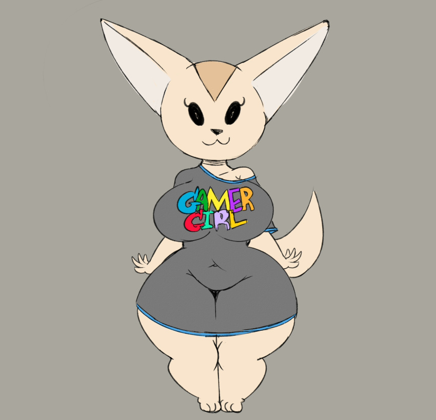 :3 aggressive_retsuko anthro big_breasts black_eyes breasts canid canine clothing curvy_figure english_text female fennec fenneko fox hi_res hourglass_figure looking_at_viewer mammal navel neom-daddy sanrio shirt smile solo tan_body text text_on_clothing text_on_shirt text_on_topwear thick_thighs topwear translucent translucent_clothing translucent_shirt translucent_topwear wide_hips