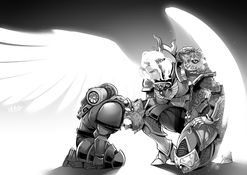 1boy 1girl adeptus_astartes ahoge angel_wings armor blonde_hair blood_angels blue_eyes braid breastplate closed_mouth gauntlets genderswap genderswap_(mtf) glowing glowing_eyes glowing_hair glowing_wings gold_armor greyscale highres imperium_of_man kneeling laurel_crown monochrome one_knee pauldrons power_armor ryuusei_(mark_ii) sanguinius shoulder_armor signature warhammer_40k wings