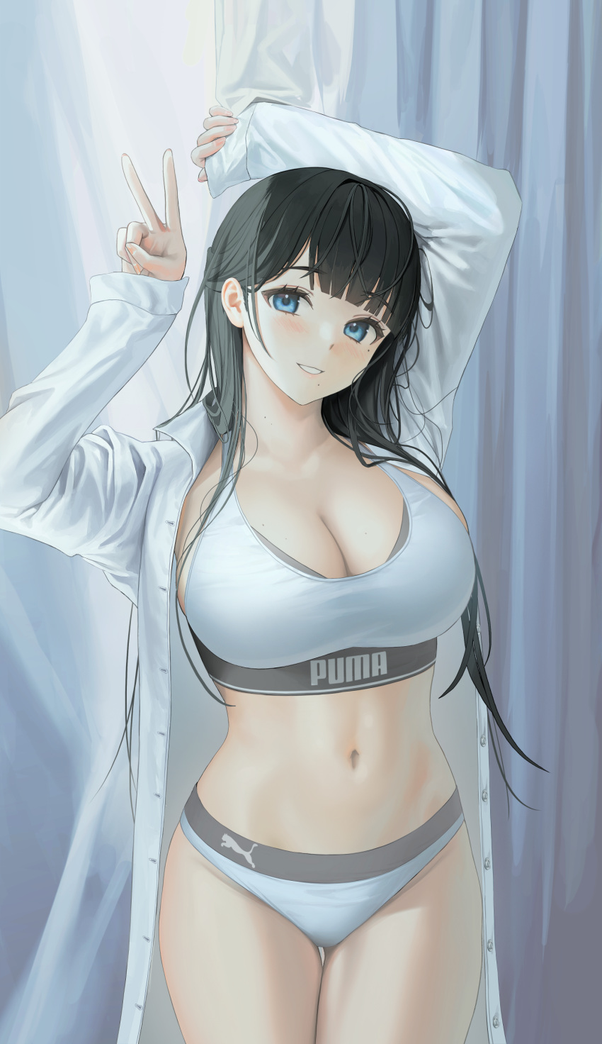 1girl absurdres arms_up ass_visible_through_thighs bangs black_hair blue_eyes blunt_bangs bra breasts cleavage collared_shirt cowboy_shot curtains dress_shirt eyebrows_visible_through_hair highres large_breasts light_blush long_hair looking_at_viewer messy_hair midriff mole mole_on_breast mole_on_neck mole_under_eye mole_under_mouth navel open_clothes open_shirt original panties parted_lips puma_(brand) shirt smile solo sports_bra standing thigh_gap thighs tokkihouse underwear v white_bra white_panties white_shirt