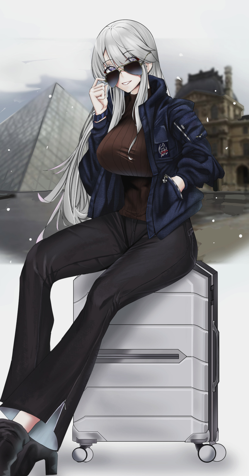1girl absurdres ankle_boots azur_lane blue_jacket boots breasts brown_sweater denim eagle_union_(emblem) enterprise_(azur_lane) enterprise_(bon_voyage)_(azur_lane) grey_hair grey_sky highres jacket jeans large_breasts long_hair louvre_pyramid official_alternate_costume pants ribbed_sweater snowing suitcase sunglasses sweater zhemuxuanhua
