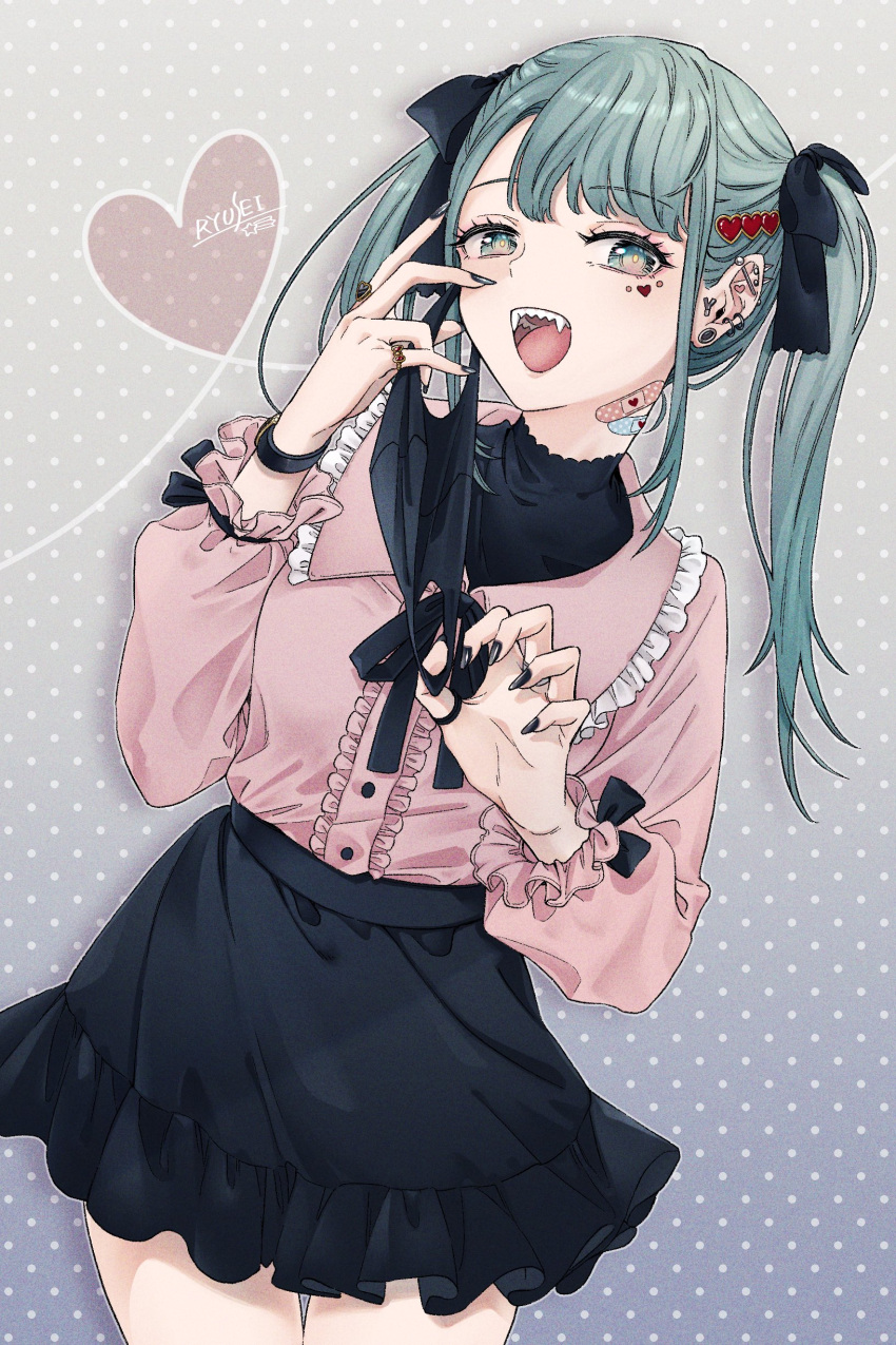 1girl 39 absurdres artist_name bandaid bandaid_on_neck bangs black_nails black_skirt buttons center_opening claw_pose cowboy_shot ear_piercing fangs green_eyes green_hair hair_ornament hatsune_miku heart heart_hair_ornament highres jewelry long_hair long_sleeves looking_at_viewer multiple_rings open_mouth piercing pink_shirt plug_(piercing) puzzle157xxx ring shirt shirt_tucked_in signature skirt solo teeth tongue twintails upper_teeth vampire_(vocaloid) watch wristwatch