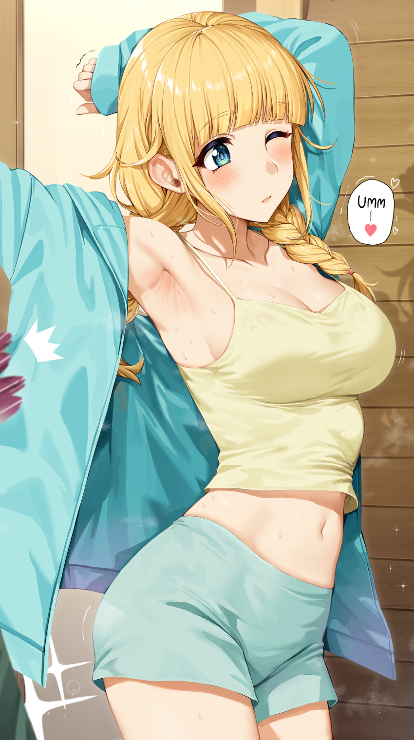 1girl absurdres arm_behind_head armpits arms_up bangs blonde_hair blue_eyes blue_jacket blue_shorts blunt_bangs blush braid breasts camisole cleavage closed_mouth collarbone commentary eyebrows_visible_through_hair hair_over_shoulder heart highres indoors jacket large_breasts long_hair long_sleeves midriff navel one_eye_closed open_clothes open_jacket paripi_koumei shirt short_shorts shorts single_braid sleeves_past_wrists solo speech_bubble spoken_heart standing steaming_body stretch sweat trembling tsukimi_eiko unzipped yakimi_27 yellow_shirt