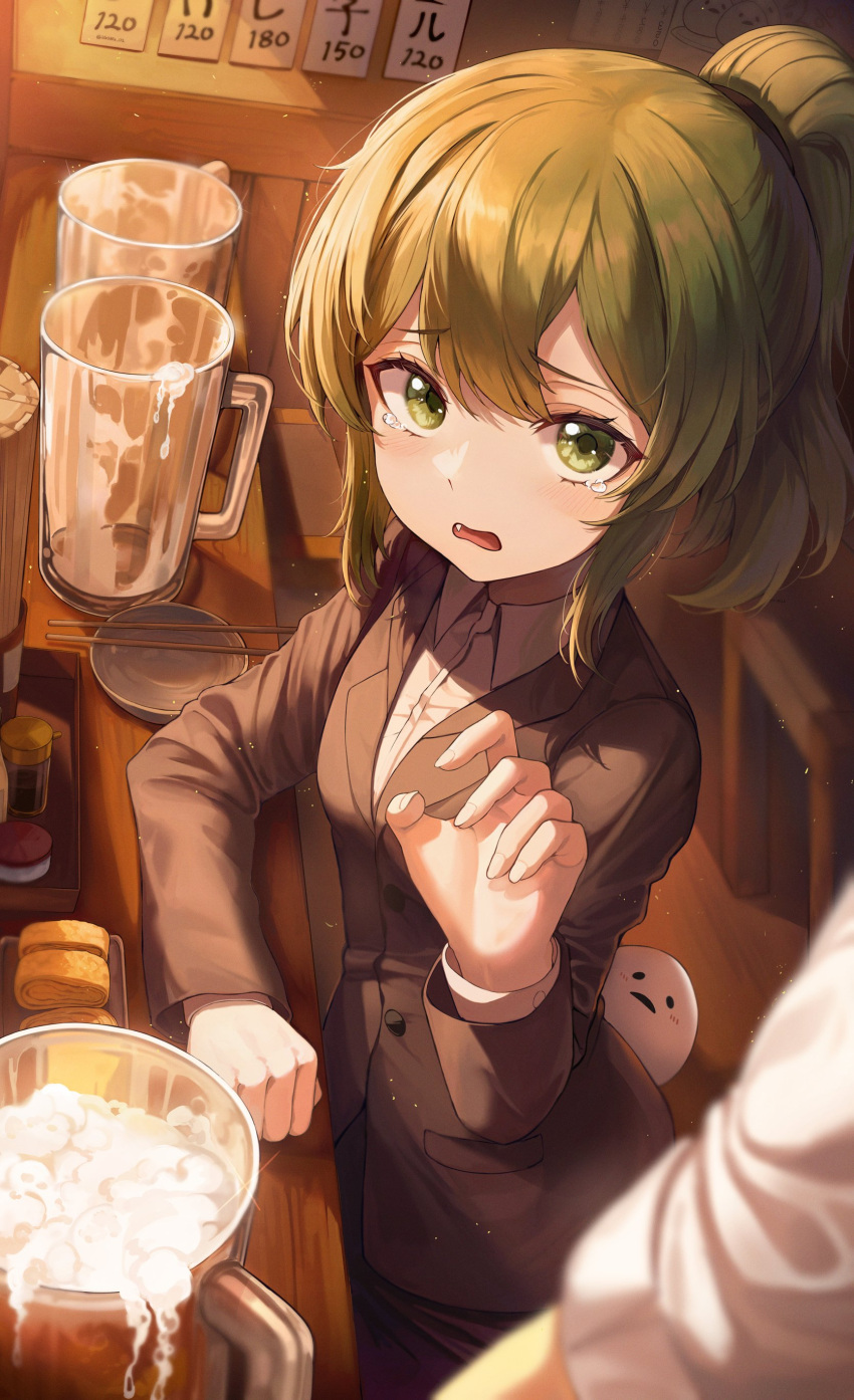 1boy 1girl absurdres beer_mug black_jacket blazer collared_shirt cup fang food green_eyes green_hair hand_up highres igarashi_futaba_(shiromanta) jacket long_hair long_sleeves looking_at_viewer mela_(rbw1s) mug omelet open_mouth ponytail senpai_ga_uzai_kouhai_no_hanashi shiromanta_(character) shirt sitting solo_focus table takeda_harumi_(shiromanta) tamagoyaki tearing_up undershirt wavy_mouth white_shirt