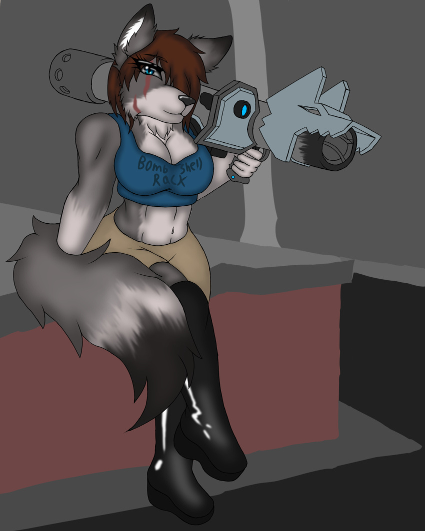 2022 anthro boots canid canine canis city city_background clothed clothing female female/female footwear gaella hi_res latex_legwear macro macrofurry mammal morale pinup pinup_post pinupgirl pose skimpy solo wau wolf wolfeddown