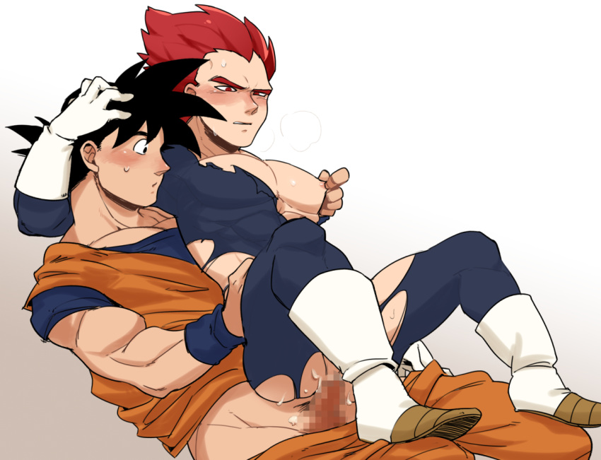 2boys :o anal ass bangs bara black_hair blue_bodysuit blur_censor blush bodysuit boots censored clothed_sex clothes_pull dougi dragon_ball dragon_ball_super erection gloves konovi_yee large_pectorals male_focus multiple_boys muscular muscular_male nipple_tweak nipples nude on_person pants pants_pull pectorals penis red_eyes red_hair saiyan sex short_hair sitting sitting_on_person son_goku spiked_hair super_saiyan super_saiyan_god torn_bodysuit torn_clothes vegeta white_gloves wristband yaoi