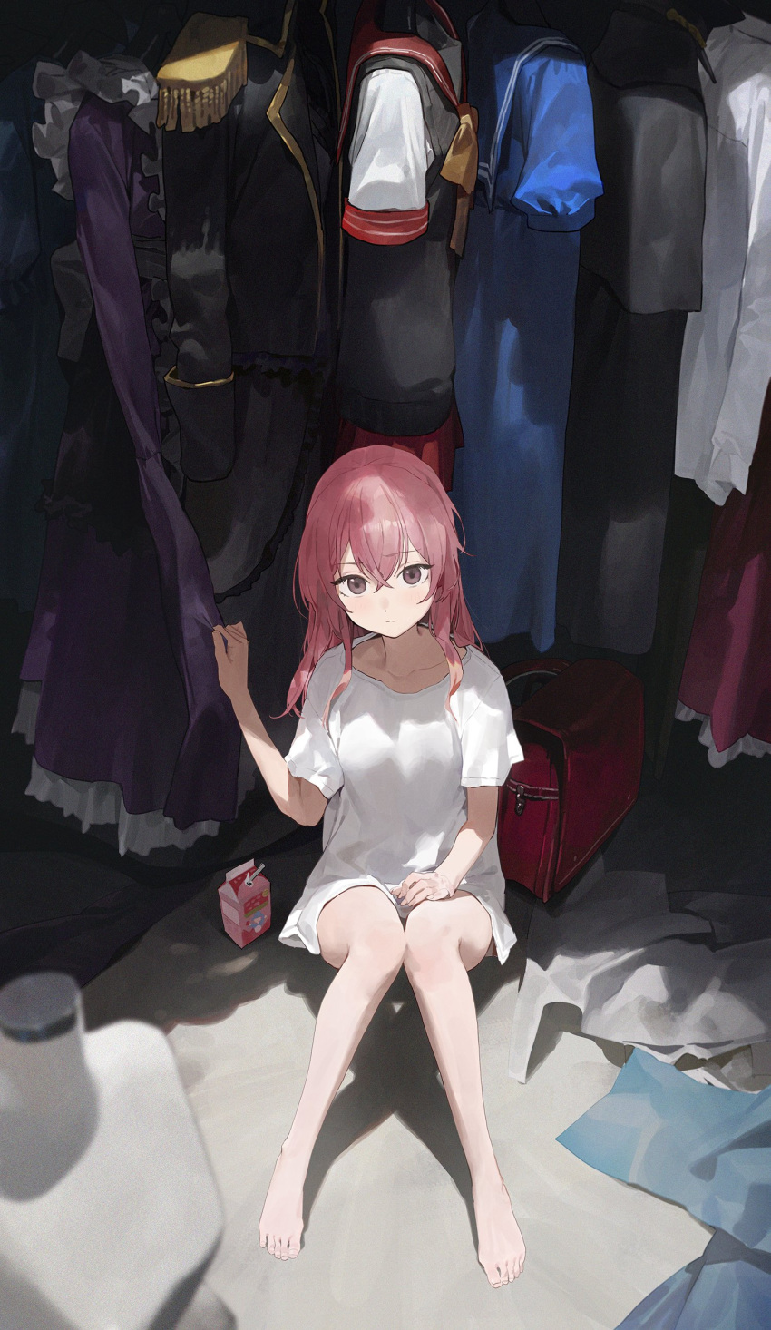 1girl absurdres backpack bag barefoot blush breasts clothing_request collarbone drinking_straw eyebrows_visible_through_hair fingernails hair_between_eyes highres inui_sajuna looking_at_viewer mannequin medium_hair modare on_floor pink_hair shirt sitting small_breasts solo sono_bisque_doll_wa_koi_wo_suru t-shirt white_shirt