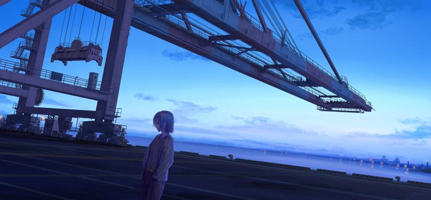 1girl cloud commentary_request crane_(machine) dawn hands_in_pocket harbor highres jacket ocean original outdoors scenery short_hair sign sky smile solo standing wide_shot yuhack