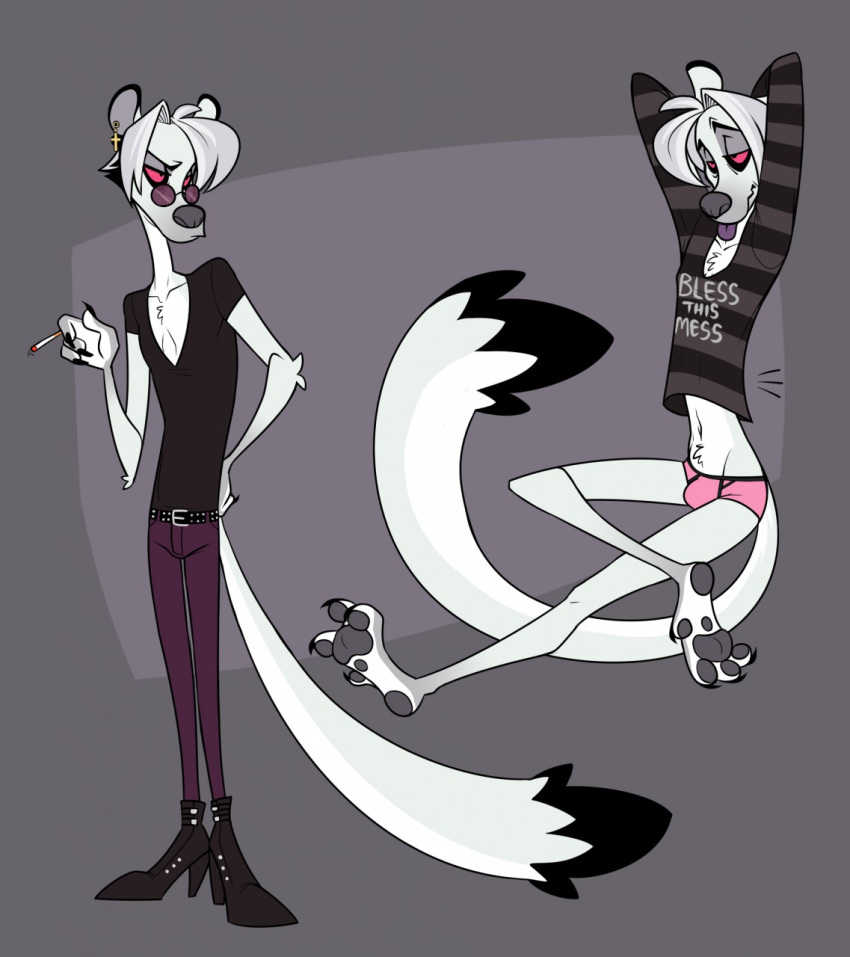 anthro blep boots bottomwear briefs cadaverrdog chest_tuft cigarette clothing crop_top crop_top_sweater denim denim_clothing elbow_tufts footwear fur grey_background grey_pawpads hair half-closed_eyes hi_res high_heeled_boots high_heels jeans lux_(cadaverrdog) male mammal mustela mustelid musteline narrowed_eyes pants pawpads paws red_sclera shirt simple_background smoking smoking_tobacco solo stoat tinted_glasses tongue tongue_out topwear true_musteline tuft underwear v-neck v-neck_shirt white_body white_fur white_hair