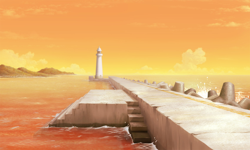 cloud commentary_request harbor lighthouse mountain no_humans ocean orange_sky original outdoors scenery shore sky stairs sunset user_peo4941 water