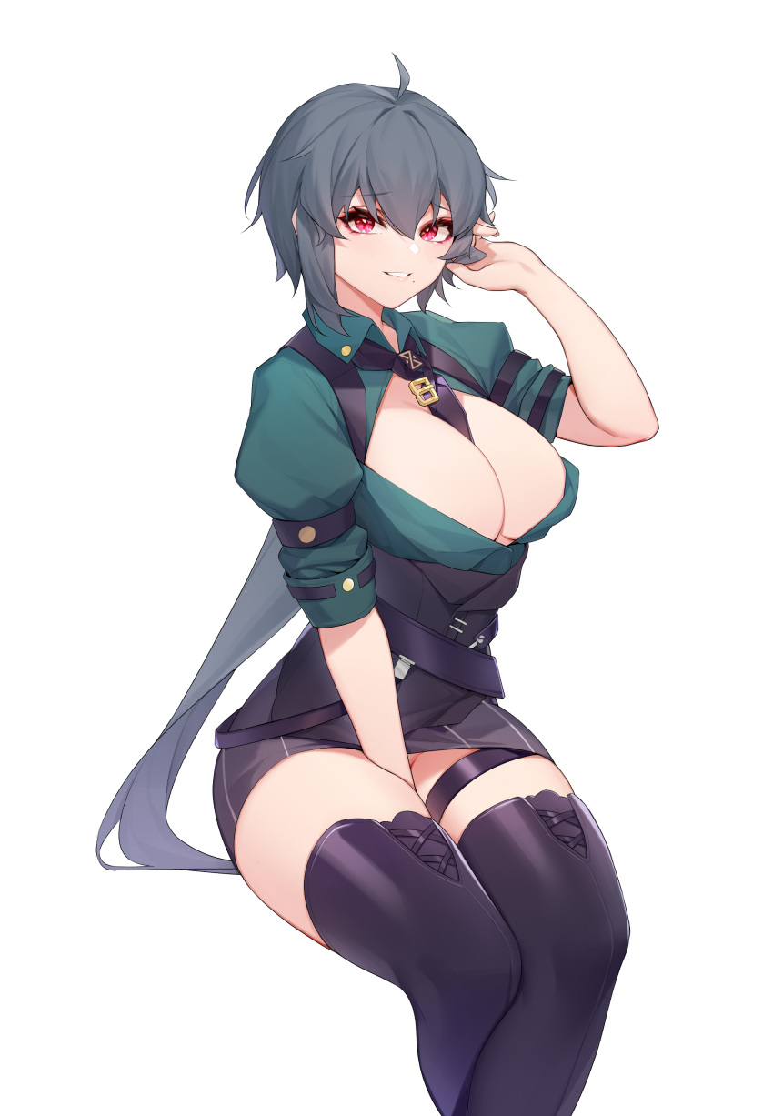 1girl absurdres adjusting_hair ahoge arm_belt bangs between_breasts between_legs black_legwear black_necktie black_skirt breasts collared_shirt crossed_legs darling0221 feet_out_of_frame green_shirt grey_hair hand_between_legs hand_in_own_hair hand_up highres honkai_(series) honkai_impact_3rd juliet_sleeves large_breasts long_hair long_sleeves looking_at_viewer miniskirt mole mole_under_eye necktie necktie_between_breasts parted_lips pencil_skirt puffy_sleeves raven_(honkai_impact_3rd) red_eyes shirt short_hair_with_long_locks sidelocks simple_background skirt sleeves_folded_up sleeves_pushed_up smile solo suspenders suspenders_hanging thigh_strap thighhighs very_long_hair white_background