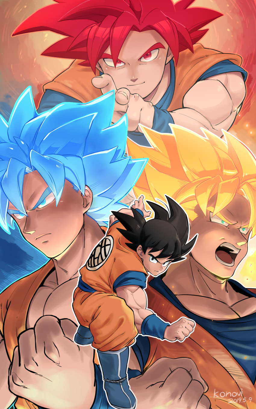 1boy artist_name bangs black_hair blonde_hair blue_eyes blue_hair boots clenched_hand closed_mouth dougi dragon_ball dragon_ball_super dragon_ball_z fighting_stance green_eyes highres konovi_yee large_pectorals looking_at_viewer male_focus muscular muscular_male open_mouth pectorals red_eyes red_hair saiyan short_hair smile son_goku spiked_hair super_saiyan super_saiyan_1 super_saiyan_blue super_saiyan_god variations wristband