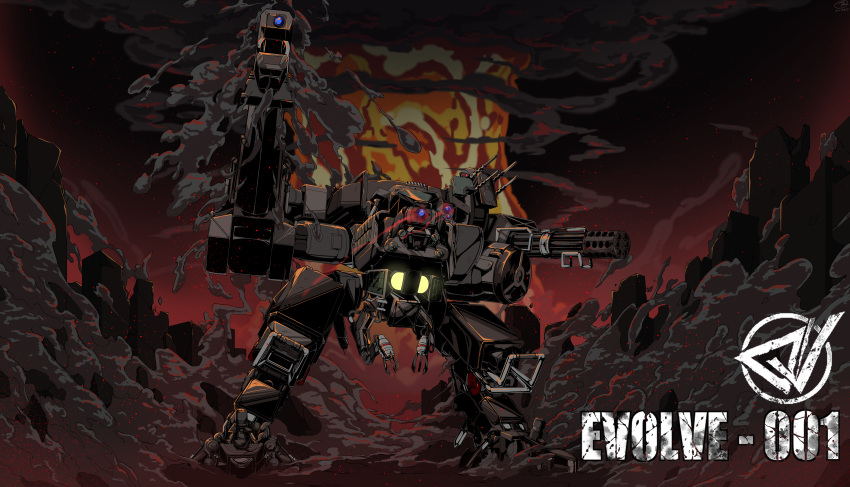 absurdres anti-aircraft anti-aircraft_gun blue_eyes cannon character_name commission counter:side dark_sky dated dust_cloud evolved_one explosion eye_trail full_body gatling_gun glowing gun haden highres korean_commentary logo mecha mushroom_cloud no_humans railgun robot ruins signature smoke smoking_gun solo walker weapon