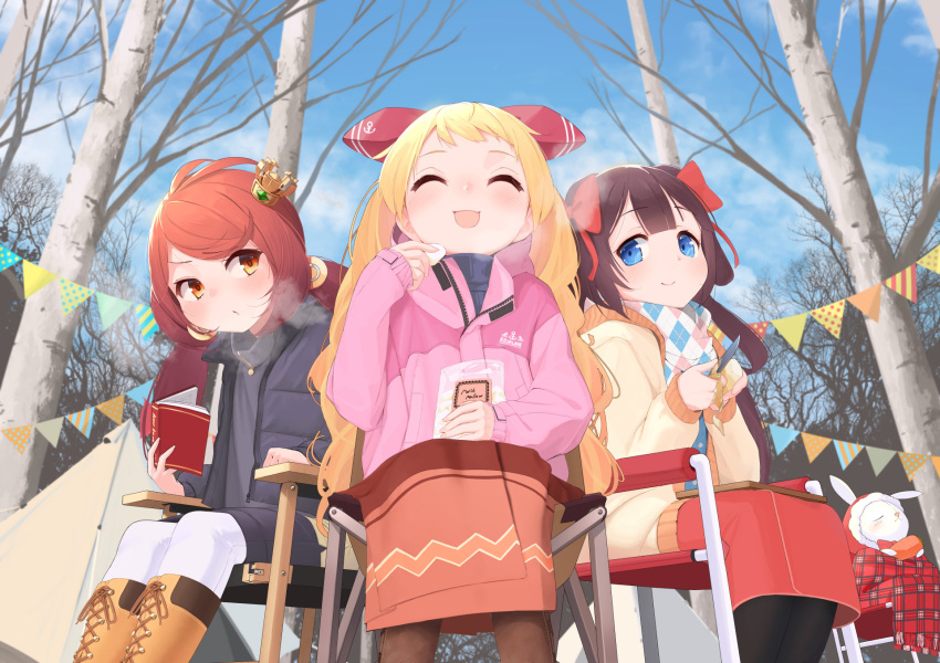 3girls :o anchor_symbol animal_ears antenna_hair azur_lane bangs black_legwear blanket blonde_hair blue_eyes blue_sweater book boots bunny camping camping_chair carrot commission crown crown_hair_ornament day eating eyebrows_visible_through_hair food forest full_body grey_jacket grey_sweater highres holding holding_carrot holding_food jacket jenkins_(azur_lane) jersey_(azur_lane) kiyonami_(azur_lane) knife long_hair looking_at_another low_twintails marshmallow mini_crown multiple_girls nature open_mouth outdoors pennant pink_jacket pink_ribbon plaid plaid_scarf potato purple_hair rabbit_ears rabbit_girl reading red_hair red_ribbon ribbon ribbon_hair scarf sitting skeb_commission sky smile stuffed_animal stuffed_bunny stuffed_toy sweater tent tree twintails wavy_hair winter winter_clothes yellow_eyes yellow_jacket yohia zipper