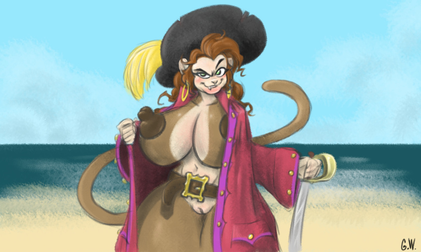 absurd_res anthro beach belt big_breasts blush breasts brown_hair clothed clothing coat ear_piercing ear_ring eyebrows eyelashes fangs female green_eyes hair haplorhine hat headgear headwear hi_res huge_breasts long_hair looking_at_viewer mammal melee_weapon monkey outside partially_clothed piercing pirate pirate_hat pirate_outfit primate raised_eyebrow sea seaside smile solo sword thick_thighs topwear undressing water weapon willikers