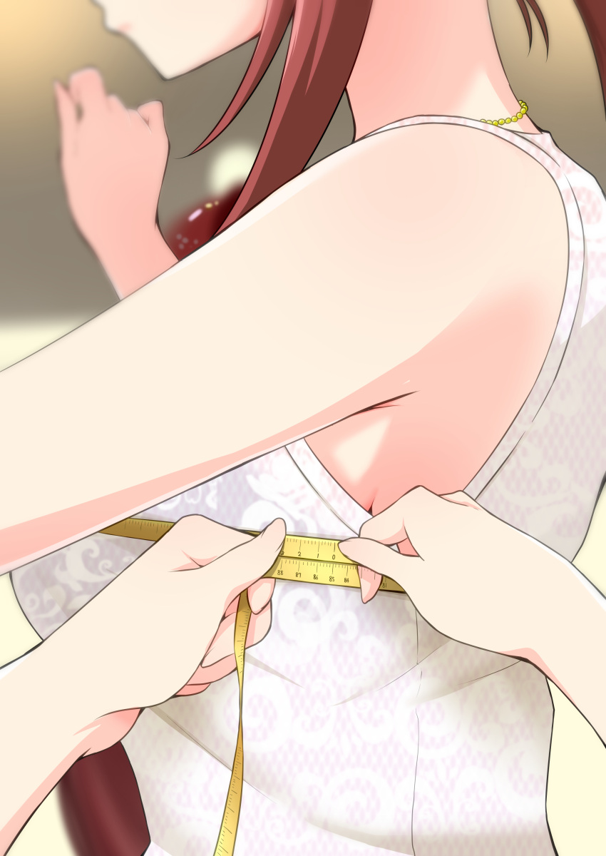 2girls absurdres bra bra_visible_through_clothes breast_focus breasts bust_measuring close-up gajirabute head_out_of_frame highres idolmaster idolmaster_cinderella_girls lace-trimmed_bra lace_trim large_breasts measuring mifune_miyu multiple_girls pov pov_hands red_hair shirt sleeveless sleeveless_shirt tape_measure trainer_(idolmaster) underwear upper_body