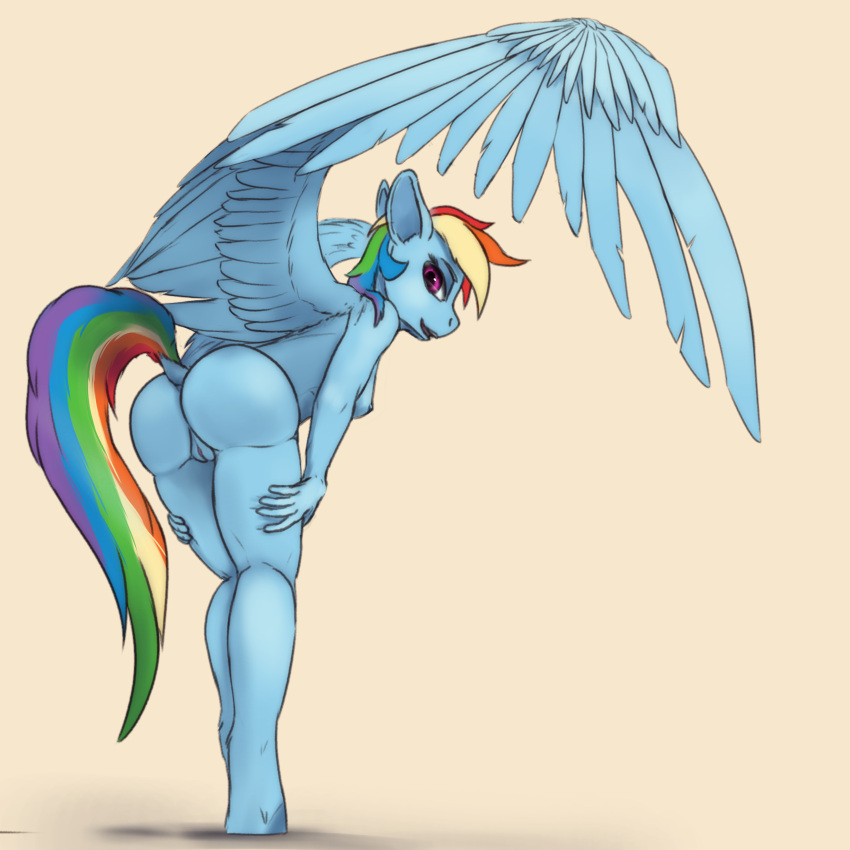 anthro bent_over breasts butt dock equid equine female friendship_is_magic genitals hasbro hi_res looking_at_viewer looking_back mammal my_little_pony nipples nude pegasus presenting presenting_hindquarters pussy rainbow_dash_(mlp) raised_tail simple_background smile solo spread_wings tail_aside tenebrisnoctus unguligrade_anthro wings