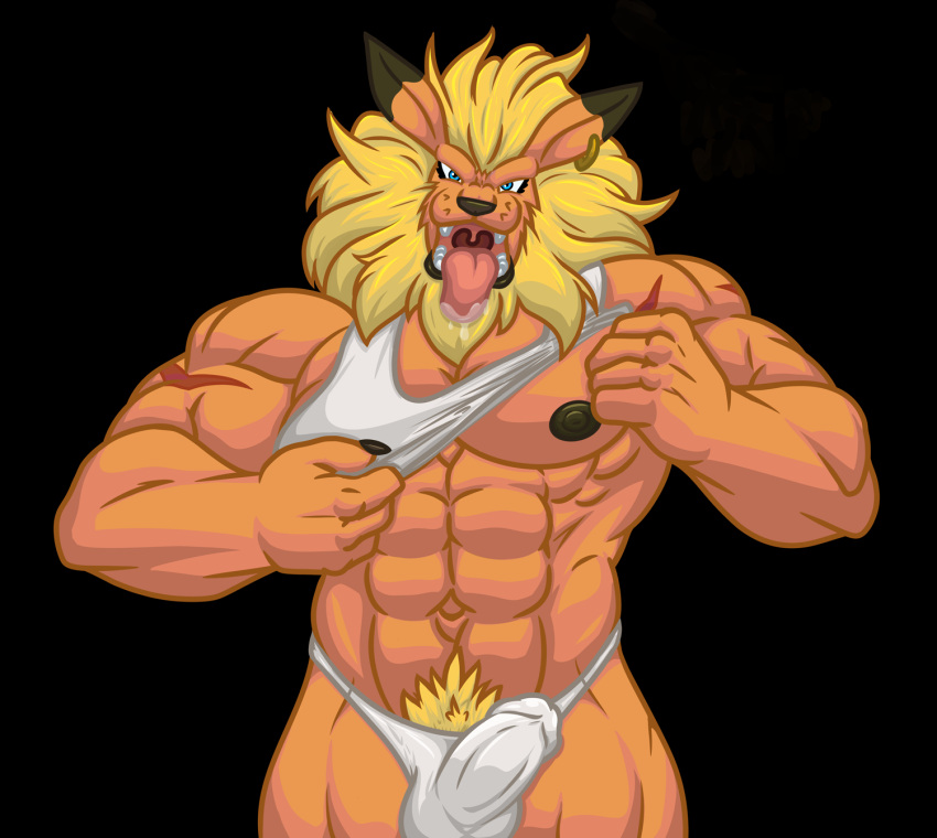 abs bandai_namco blonde_hair blue_eyes bodily_fluids bulge clothing digimon digimon_(species) drooling ear_piercing genital_outline genitals hair hi_res kenailykos leomon looking_at_viewer male mane muscular navel nipples pecs penis penis_outline piercing pubes saliva shirt solo tank_top tongue tongue_out topwear underwear