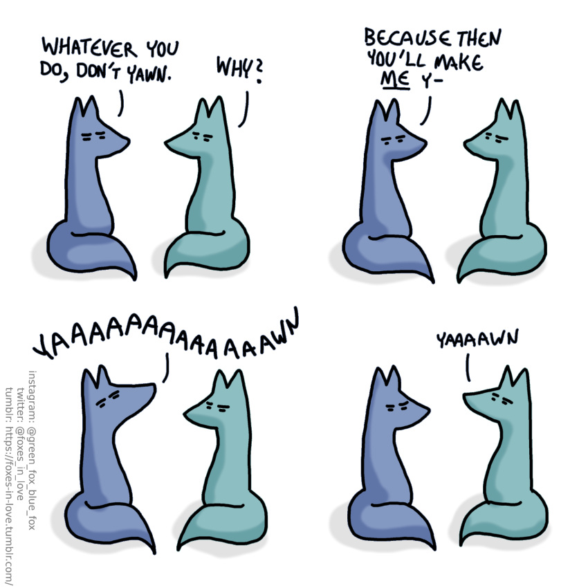 1:1 blue_body blue_fox_(foxes_in_love) blue_fur blue_tail canid canine comic dialogue duo english_text feral fox foxes_in_love fur green_body green_fox_(foxes_in_love) green_fur green_tail hi_res male_(lore) mammal open_mouth shadow simple_background text url yawn