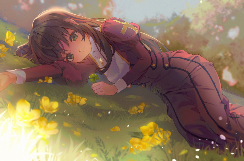 1girl bangs brown_hair clenched_hand corette dress erica_fontaine flower grass green_eyes hair_behind_ear highres juliet_sleeves long_sleeves looking_at_viewer lying on_side petals puffy_sleeves red_dress sakura_taisen sakura_taisen_iii smile solo tree yellow_flower