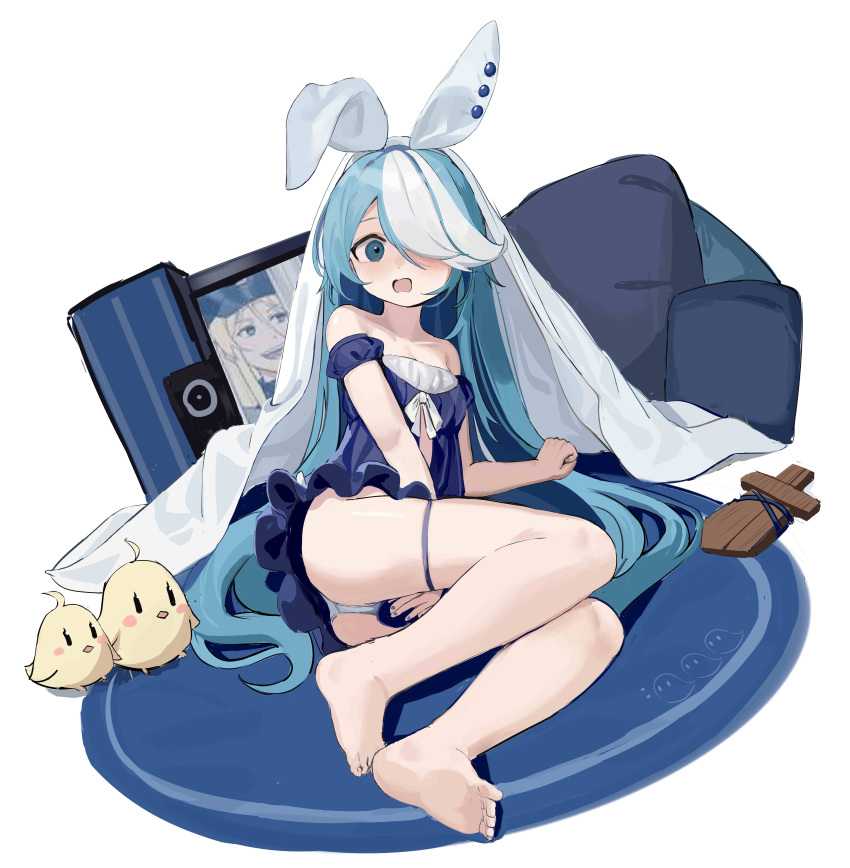 1girl absurdres animal_ears azur_lane barefoot bismarck_(azur_lane) blue_eyes blue_hair blue_nightgown carpet covering fake_animal_ears feet flat_chest full_body hair_over_one_eye haruteru here's_johnny!_(meme) highres lingerie long_hair maille-breze_(azur_lane) maille-breze_(the_noble_knight's_last_stand)_(azur_lane) manjuu_(azur_lane) meme multicolored_hair nightgown official_alternate_costume on_floor one_eye_covered open_mouth panties pillow scared simple_background sleepwear solo sword thigh_strap thighs two-tone_hair underwear very_long_hair weapon white_background white_hair wooden_sword
