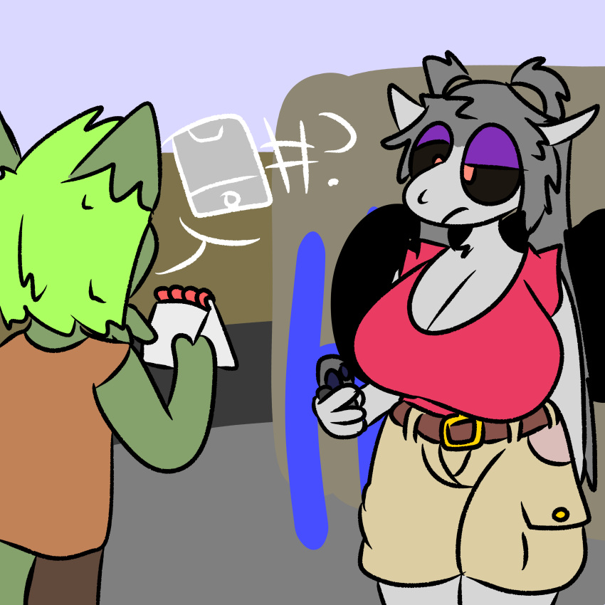 # absurd_res anonymous_character anthro belt big_breasts bottomwear bovid breasts brown_bottomwear brown_clothing brown_pants canid canine canis caprine clothing detailed_background deveddoris dialogue domestic_dog female fur goat green_body green_fur green_hair grey_hair hair hi_res holding_object holding_phone huge_breasts khaki_shorts male mammal notebook octavia_(osimonos) orange_clothing orange_shirt orange_topwear pants phone pink_clothing pink_shirt pink_topwear ponytail question_mark shirt thick_thighs topwear white_body white_fur