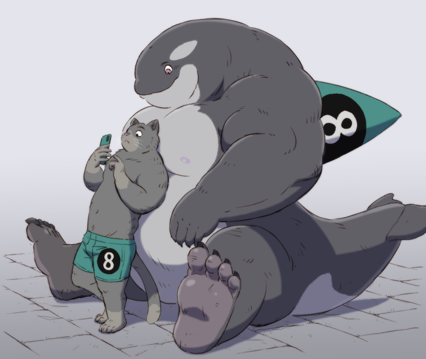 2022 anthro belly big_belly black_body bottomwear cellphone cetacean clothing delphinoid domestic_cat duo feet felid feline felis gadoran humanoid_hands kemono leaning male mammal marine oceanic_dolphin orca overweight phone shorts sitting size_difference smartphone toothed_whale white_body