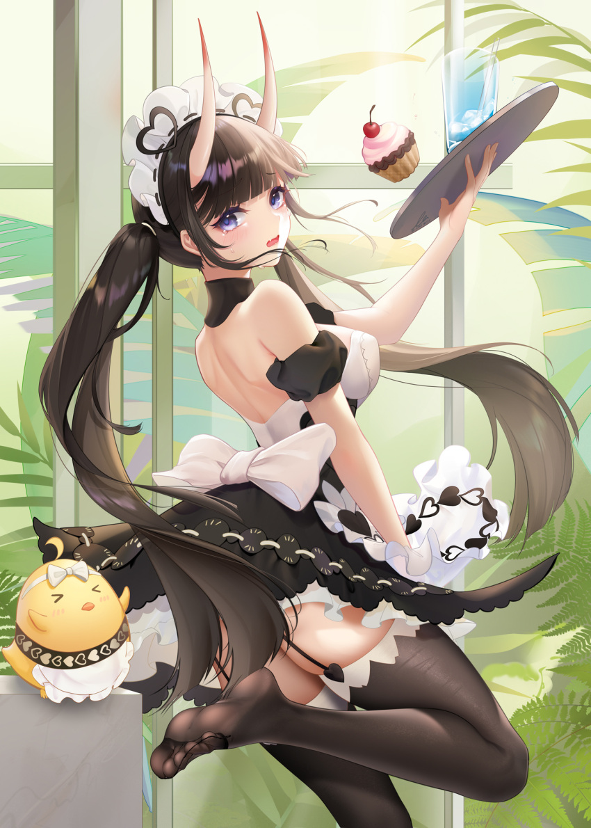 1girl apron ass azur_lane back backless_dress backless_outfit bangs bare_shoulders black_dress blunt_bangs breasts brown_hair brown_legwear cup cupcake dress eyebrows_visible_through_hair feet food frilled_apron frills garter_straps highres holding holding_tray horns indoors large_breasts liu_liaoliao long_hair looking_at_viewer maid maid_headdress manjuu_(azur_lane) noshiro_(azur_lane) noshiro_(hold_the_ice)_(azur_lane) oni_horns open_mouth purple_eyes soles solo standing standing_on_one_leg thighhighs toes tray twintails very_long_hair