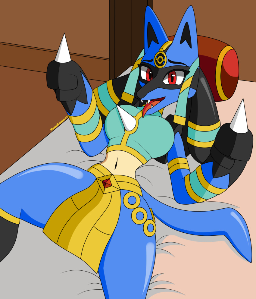 anthro breasts clothed clothing female front_view fur hi_res legwear looking_at_viewer lucario nintendo pok&eacute;mon pok&eacute;mon_(species) pokemon_unite red_eyes ruins_style_lucario samrunner small_waist solo spread_legs spreading thick_thighs thigh_highs underwear video_games waist