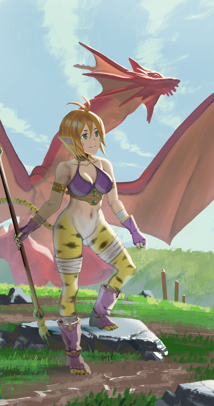 1girl absurdres animal_ears breasts breath_of_fire breath_of_fire_ii bustier cat_ears cat_tail closed_mouth dragon facial_mark full_body furry furry_female gloves highres navel no_pants orange_hair pointy_ears rinpoo_chuan ryuu_(breath_of_fire_ii) short_hair smile staff tail takemitsu_(ichiru) toes