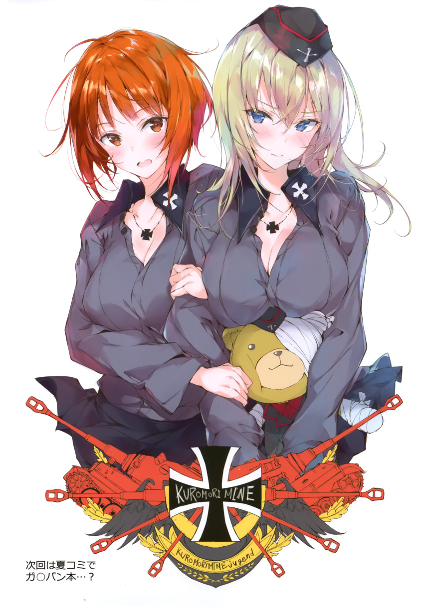 2girls absurdres bangs blonde_hair blue_eyes blush boko_(girls_und_panzer) breasts cannon caterpillar_tracks cleavage closed_mouth cross emblem garrison_cap girls_und_panzer grey_shirt ground_vehicle hat highres holding iron_cross itsumi_erika jewelry kuromorimine_(emblem) long_hair long_sleeves looking_at_viewer medium_breasts military military_vehicle motor_vehicle multiple_girls necklace nishizumi_miho open_mouth orange_hair pulp_piroshi red_eyes scan shiny shiny_hair shirt short_hair simple_background smile stuffed_animal stuffed_toy tank teddy_bear upper_body