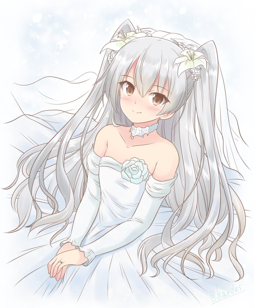 1girl alternate_costume amatsukaze_(kancolle) bridal_veil brown_eyes commentary_request dress flower hair_flower hair_ornament highres icesherbet jewelry kantai_collection long_hair looking_at_viewer one-hour_drawing_challenge ring silver_hair solo two_side_up upper_body veil wedding_band wedding_dress white_dress