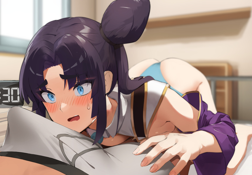 1boy 1girl absurdres ass bangs bare_shoulders black_hair blue_eyes breasts bulge erection erection_under_clothes fate/grand_order fate_(series) hair_bun highres long_hair mazenda_(3378) medium_breasts open_mouth parted_bangs side_bun side_ponytail sidelocks ushiwakamaru_(fate) very_long_hair