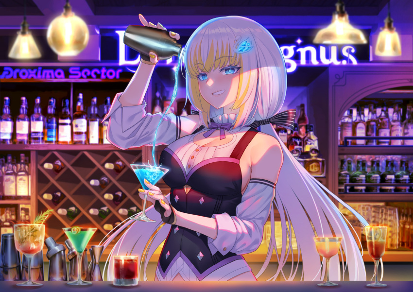 1girl alcohol bare_shoulders bartender black_gloves black_vest blonde_hair blue_eyes blurry blurry_background blush breasts ceiling_light cleavage_cutout clothing_cutout cocktail_glass copyright_request cup decantering depth_of_field detached_sleeves drinking_glass fingerless_gloves fingernails gloves grin hair_ornament highres holding large_breasts long_hair looking_at_viewer low_twintails multicolored_hair nail_polish smile solo twintails two-tone_hair vest white_hair yellow_nails zhen_lu