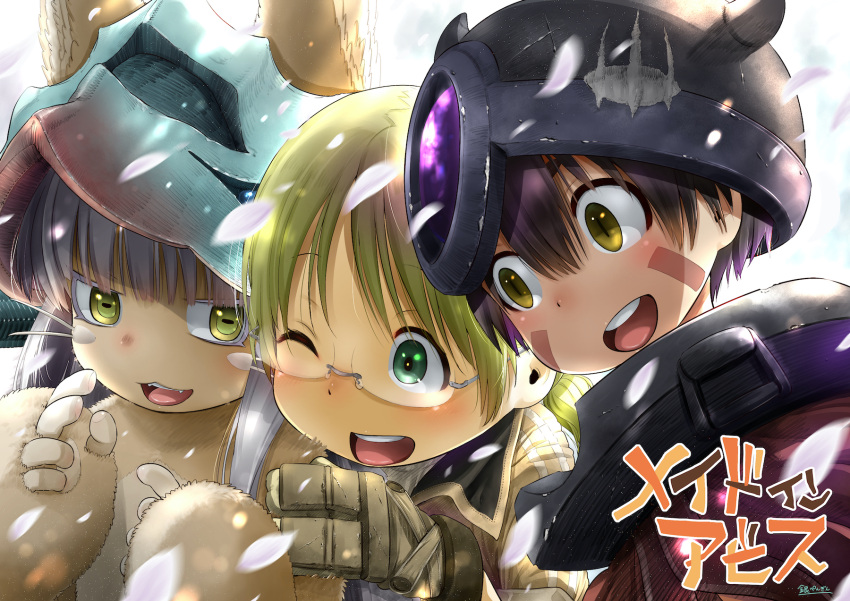 1boy 1girl 1other ambiguous_gender animal_ears blonde_hair brown_hair copyright_name dark_skin facial_mark fake_horns furry gin_penguin glasses green_eyes helmet highres horizontal_pupils horned_helmet horns made_in_abyss motion_lines nanachi_(made_in_abyss) open_mouth petals rabbit_ears regu_(made_in_abyss) riko_(made_in_abyss) signature smile whiskers white_hair yellow_eyes