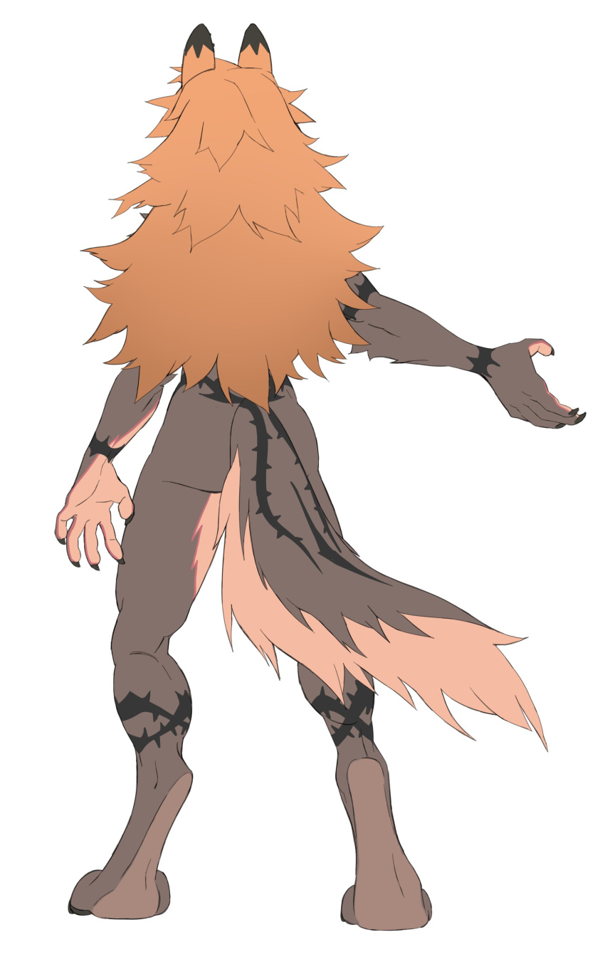5_fingers absurd_res ambiguous_gender anthro balls blonde_hair butt canid canine canis claws digital_media_(artwork) digitigrade fingers genitals gynomorph_(lore) hair hi_res kuon_(telson) mammal nude rear_view scar simple_background solo standing telson white_background wolf
