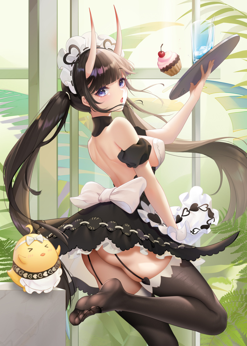 1girl apron ass azur_lane back backless_dress backless_outfit bangs bare_shoulders black_dress blunt_bangs breasts brown_hair brown_legwear cup cupcake dress eyebrows_visible_through_hair feet food frilled_apron frills garter_straps highres holding holding_tray horns indoors large_breasts liu_liaoliao long_hair looking_at_viewer maid maid_headdress manjuu_(azur_lane) noshiro_(azur_lane) noshiro_(hold_the_ice)_(azur_lane) oni_horns parted_lips purple_eyes soles solo standing standing_on_one_leg thighhighs toes tray twintails very_long_hair