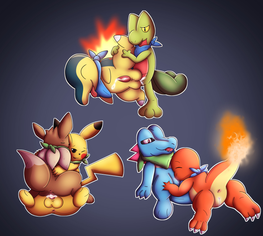 anal balls bodily_fluids charmander cum cum_in_ass cum_inside cum_on_body cum_on_penis cumshot cunnilingus cyndaquil duo eevee ejaculation eon female female/female female_on_top feral fire from_front_position genital_fluids genitals hand_on_leg hi_res lying male male/female male/male male_on_bottom mastery_position nintendo on_bottom on_side on_top open_mouth oral penis pikachu pok&eacute;mon pok&eacute;mon_(species) pok&eacute;mon_mystery_dungeon pussy_juice rear_view scalie scarf sex side_view simple_background tail totodile treecko umbry00 vaginal video_games