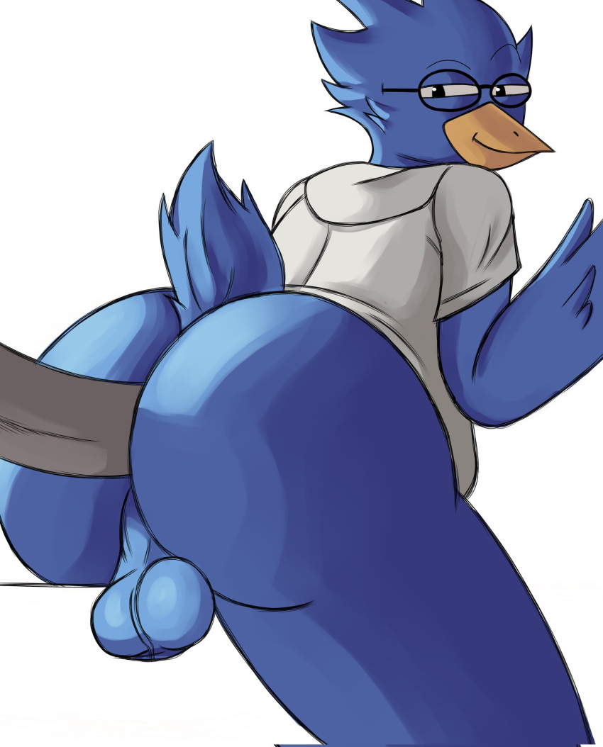 akenju anal anal_penetration anthro avian backsack balls beak berdly bird blue_balls blue_body blue_feathers blue_perineum bottomless bubble_butt butt clothed clothing deltarune disembodied_penis eyebrows eyewear feathers genitals glasses grey_penis half-closed_eyes hi_res looking_at_viewer looking_back male male/male narrowed_eyes penetration penile penile_penetration penis penis_in_ass perineum raised_eyebrow sex shirt simple_background smile smug solo_focus tail_feathers topwear topwear_only undertale_(series) video_games white_background yellow_beak