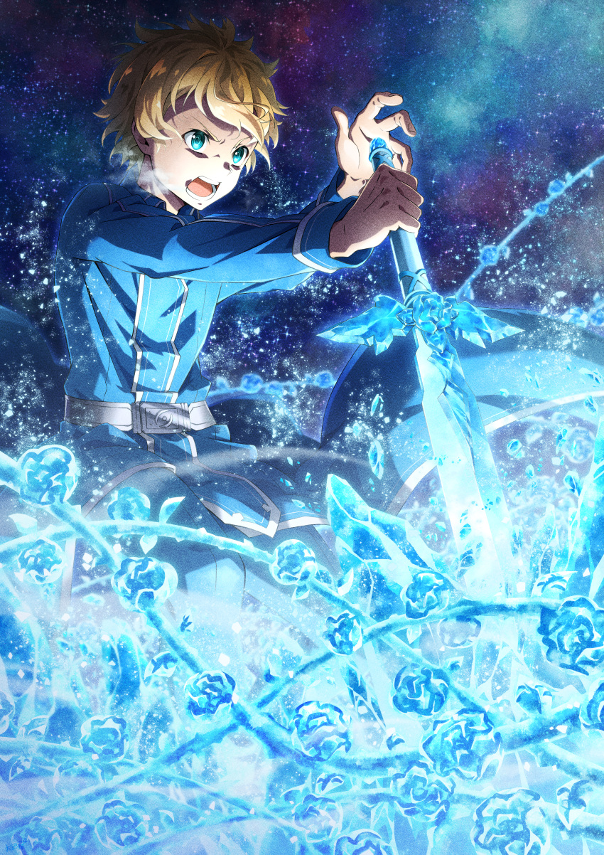 1boy absurdres belt blonde_hair blue_flower blue_jacket blue_pants blue_rose blue_rose_sword eugeo flower green_eyes highres holding holding_sword holding_weapon jacket long_sleeves male_focus oboro_neko open_mouth pants rose short_hair sky solo star_(sky) starry_sky sword sword_art_online weapon