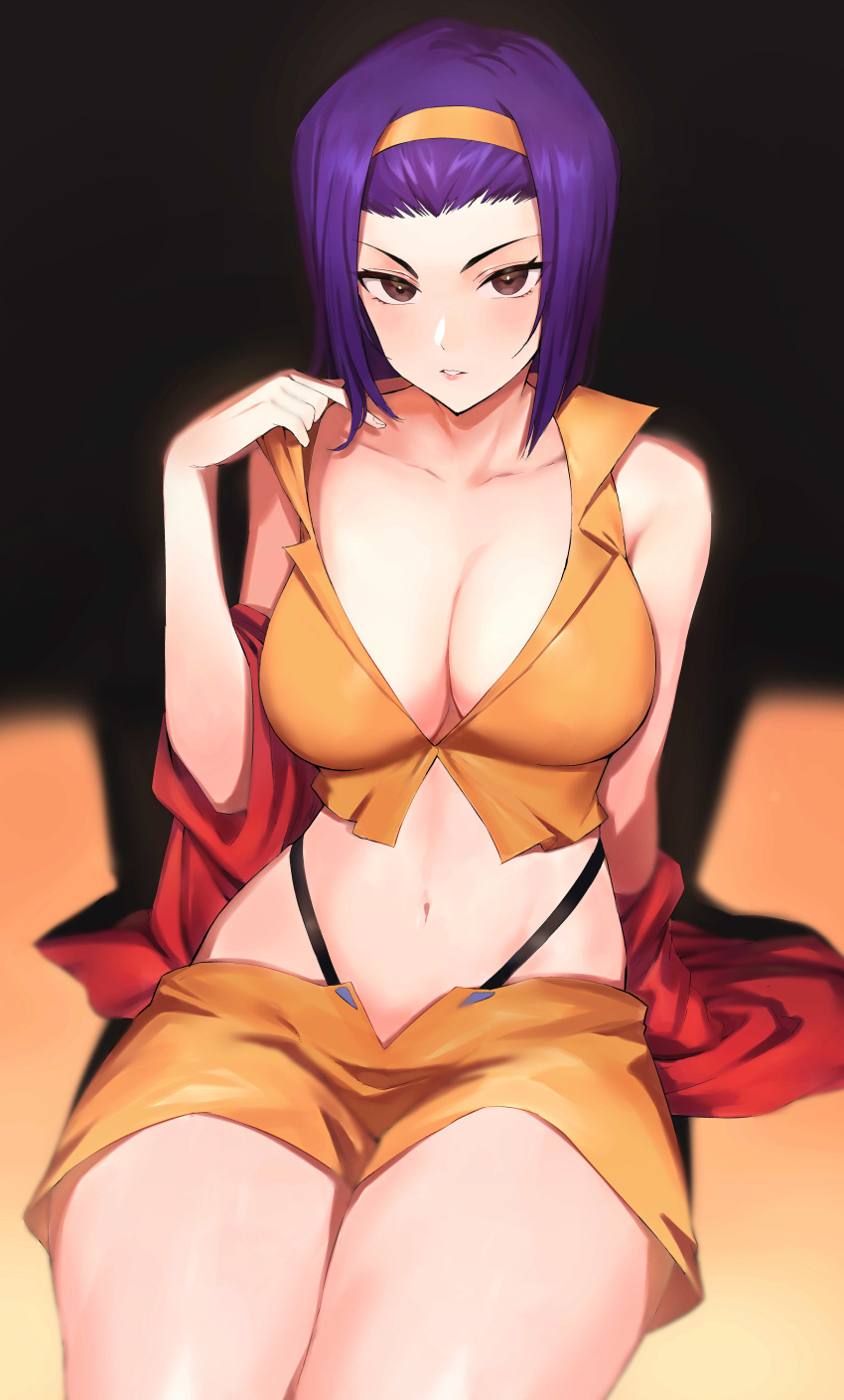 1girl absurdres bare_shoulders blush breasts brown_eyes cleavage clothes_pull collarbone cowboy_bebop crop_top dark_skin faye_valentine hair_pulled_back hairband highleg highleg_panties highres jacket large_breasts looking_at_viewer navel off_shoulder open_clothes open_jacket panties parted_lips purple_hair red_jacket rororo shirt_pull short_hair shorts sitting solo thighs underwear yellow_hairband yellow_shorts