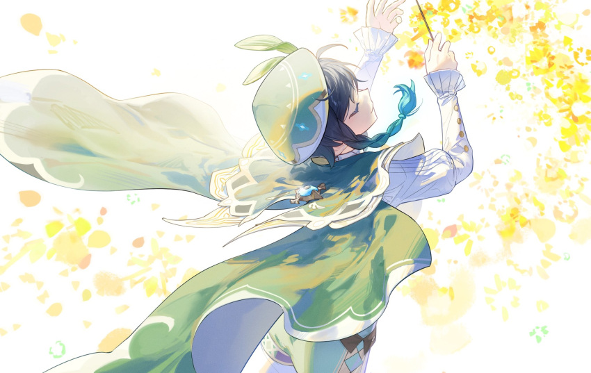 1boy ahoge back beret blue_hair braid cape closed_eyes conductor day floating genshin_impact green_cape green_headwear hat highres leaf long_sleeves male_focus multicolored_hair rafaelaaa smile solo twin_braids venti_(genshin_impact) yellow_background