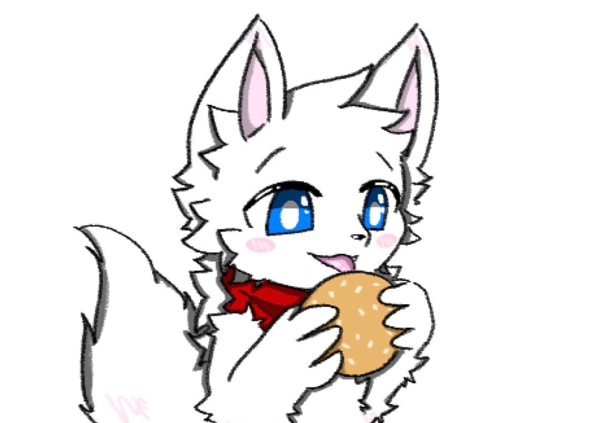 anthro bandanna black_nose blue_eyes blush blush_lines burger canid canine canis changed_(video_game) eating eating_feces feces food fur kerchief lin_(changed) male mammal newbieartist94 open_mouth pink_inner_ear simple_background solo tongue tongue_out white_background white_body white_fur wolf