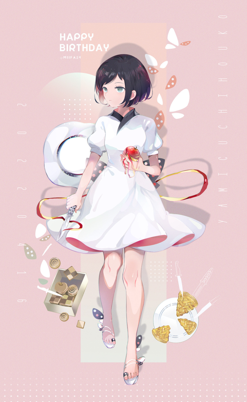 1girl apple apple_pie balisong bare_legs birthday black_hair black_ribbon bob_cut checkerboard_cookie cookie dessert dress food fruit full_body hat hat_removed headwear_removed highres holding holding_food holding_fruit holding_knife knife mifa24 multicolored_hair pie pie_slice plate polka_dot puffy_short_sleeves puffy_sleeves red_apple red_hair ribbon short_sleeves solo standing white_dress white_footwear white_headwear yamiguchi_houko zaregoto_series