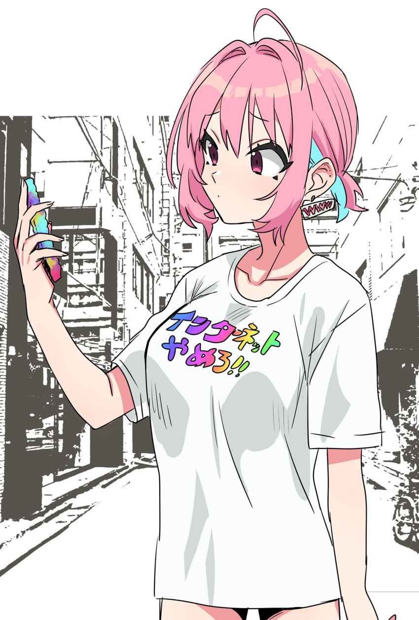 1girl ahoge alternate_hairstyle bangs blue_hair breasts closed_mouth clothes_writing collarbone earrings eyebrows_visible_through_hair hair_intakes hand_up highres holding holding_phone idolmaster idolmaster_cinderella_girls jewelry looking_at_phone monochrome_background multicolored_hair phone pink_hair saito_katuo shiny shiny_hair shirt short_sleeves smartphone_case solo thighs white_shirt yumemi_riamu